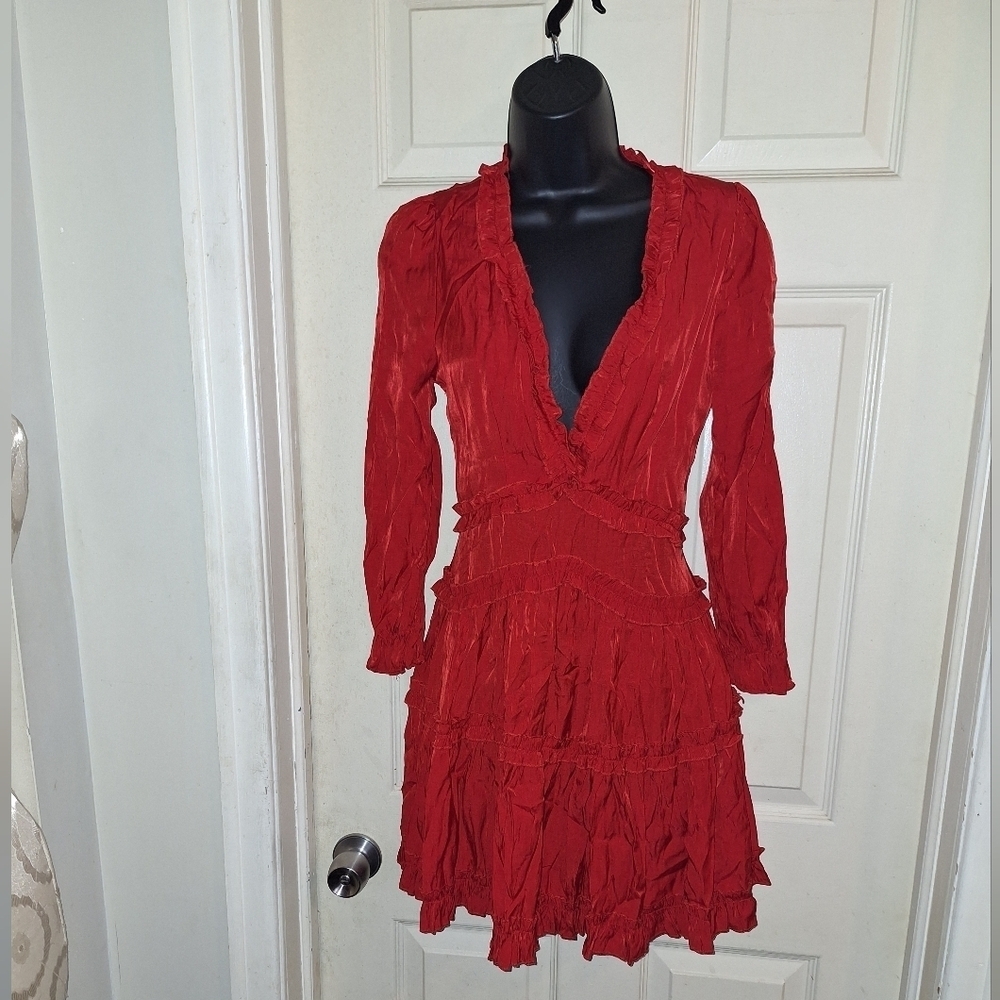 MARBLE Red Ruffled V-Neck Long Sleeve Dress